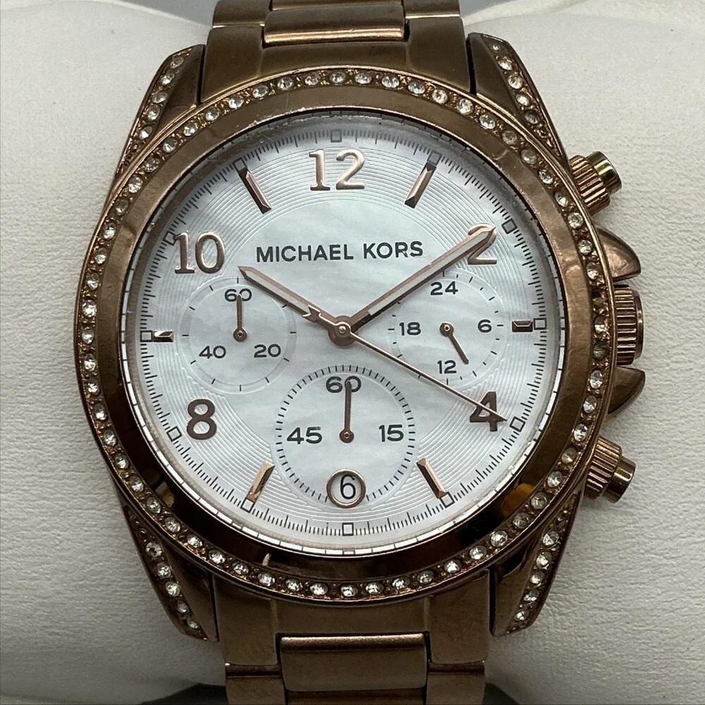 Michael Kors Womens Watch 40mm MOP Rose Gold Tone Chrono MK5522 New Battery 6.5